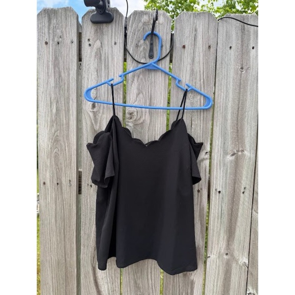 Date Night Business Casual Feminine Monteau Black Scallop Cold Shoulder Blouse M